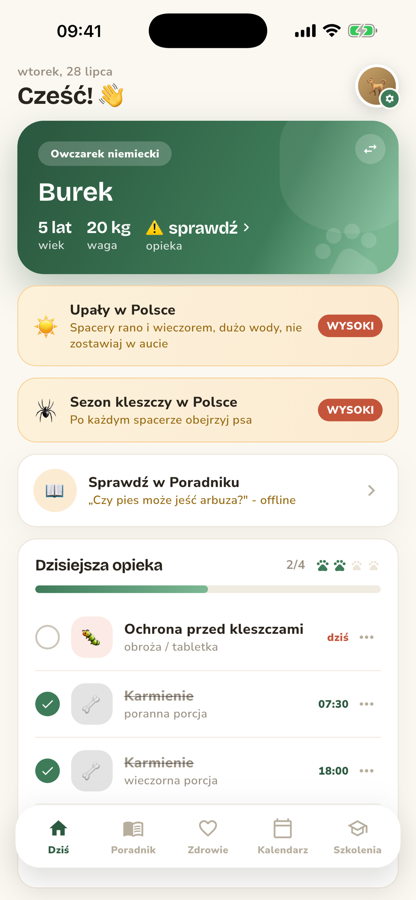 Ekran główny aplikacji Łapa z dzisiejszymi zadaniami opieki